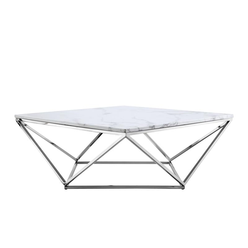 Posh Living Eason Marble Top Coffee Table with Metal Base in White/Chrome