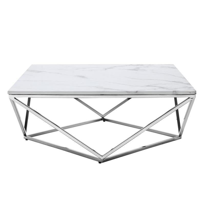Posh Living Eason Marble Top Coffee Table with Metal Base in White/Chrome