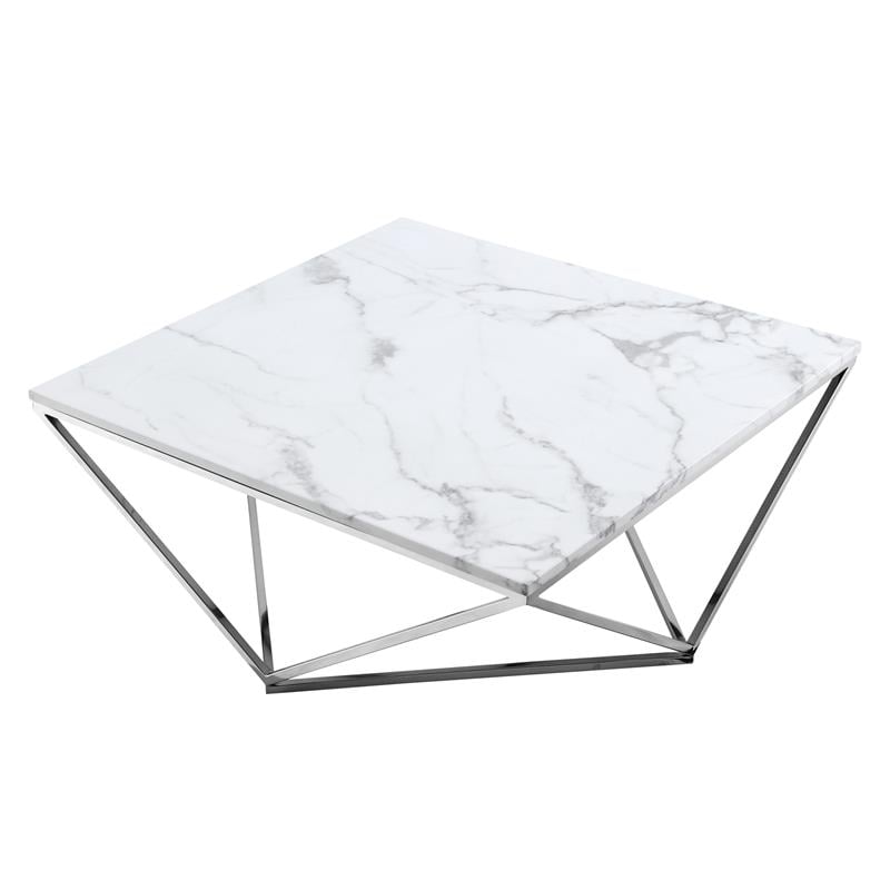 Posh Living Eason Marble Top Coffee Table with Metal Base in White/Chrome