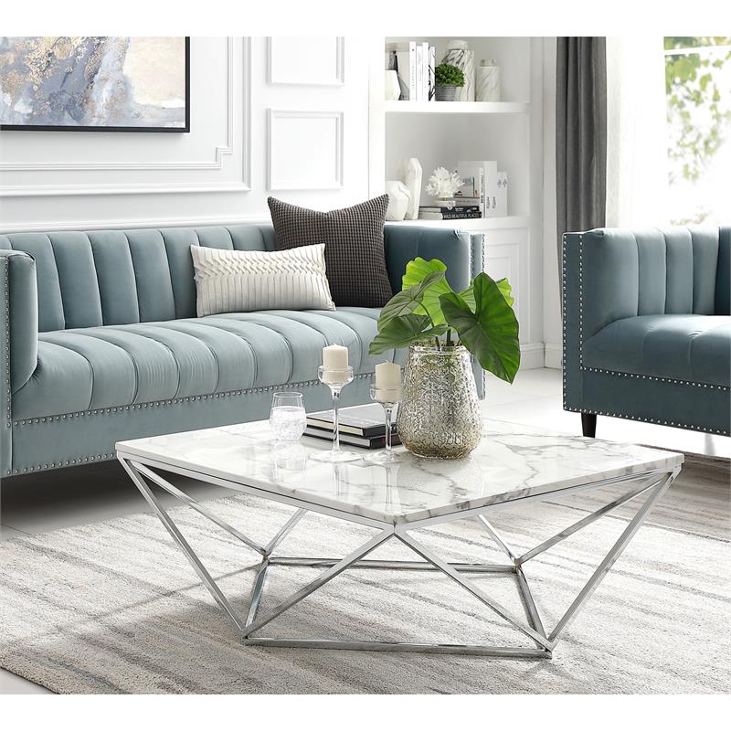 Posh Living Eason Marble Top Coffee Table with Metal Base in White/Chrome
