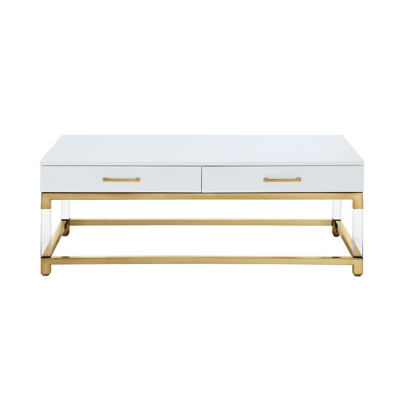 Posh Briar 2-Drawer Metal Coffee Table with Acrylic Legs in White/Gold