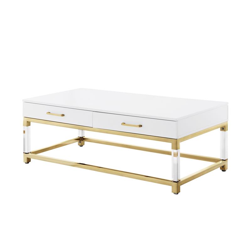 Posh Briar 2-Drawer Metal Coffee Table with Acrylic Legs in White/Gold