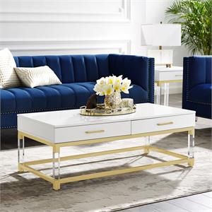 Posh Briar 2-Drawer Metal Coffee Table with Acrylic Legs in White/Gold