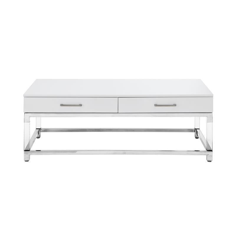 Posh Briar 2-Drawer Metal Coffee Table with Acrylic Legs in White/Chrome
