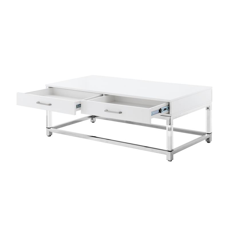 Posh Briar 2-Drawer Metal Coffee Table with Acrylic Legs in White/Chrome