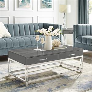 Posh Briar 2-Drawer Metal Coffee Table with Acrylic Legs in Dark Gray/Chrome