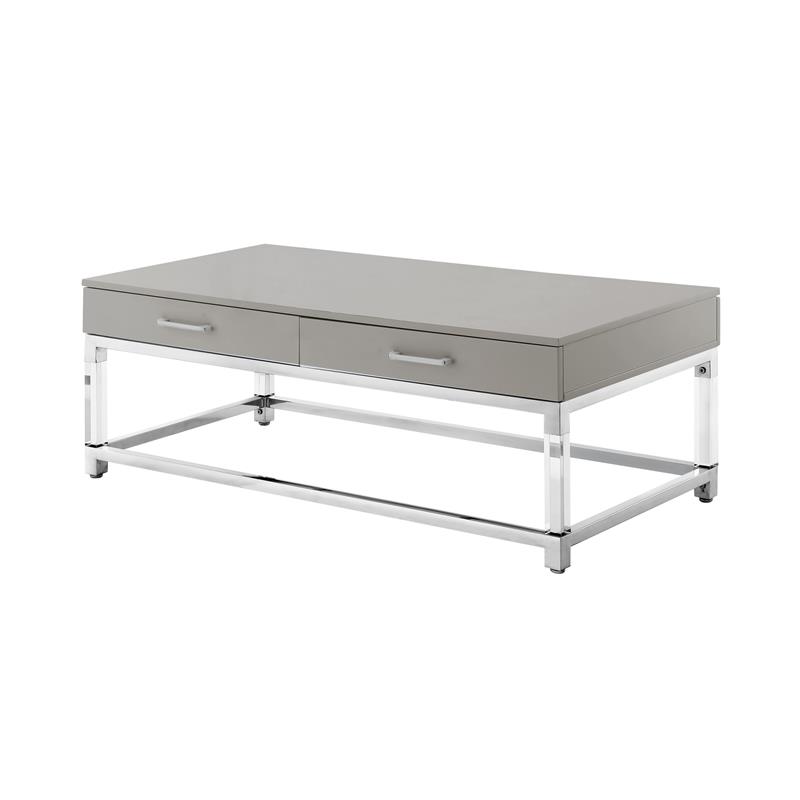 Posh Briar 2-Drawer Metal Coffee Table with Acrylic Legs in Light Gray/Chrome
