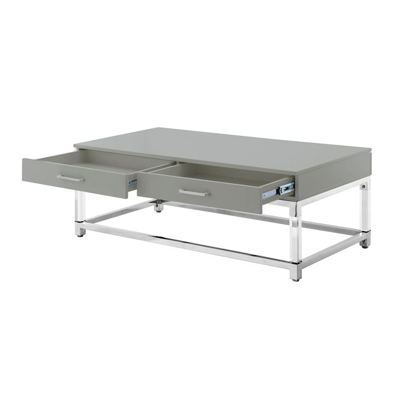 Posh Briar 2-Drawer Metal Coffee Table with Acrylic Legs in Light Gray/Chrome