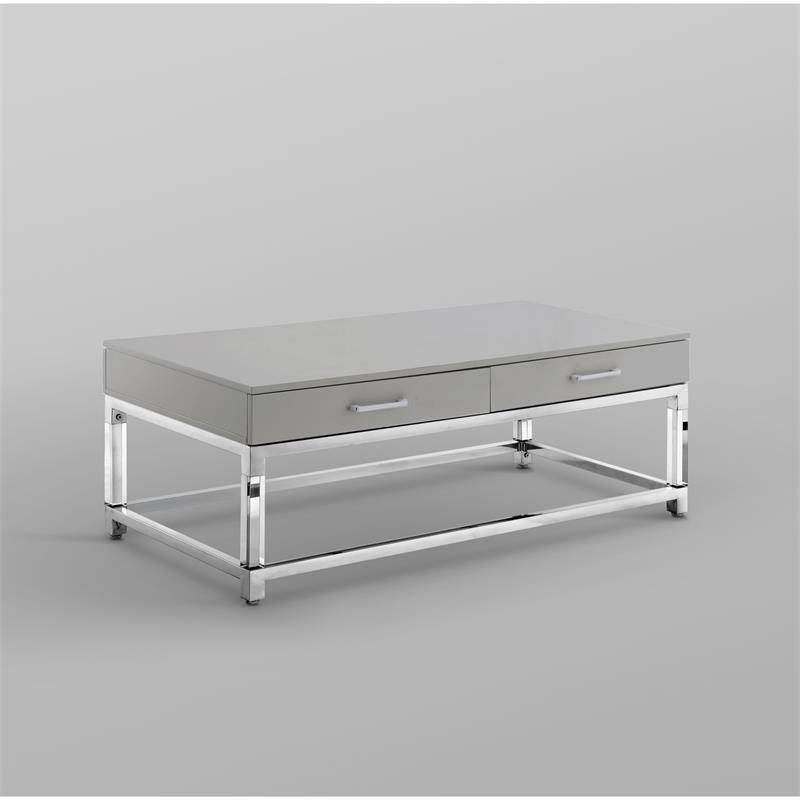 Posh Briar 2-Drawer Metal Coffee Table with Acrylic Legs in Light Gray/Chrome