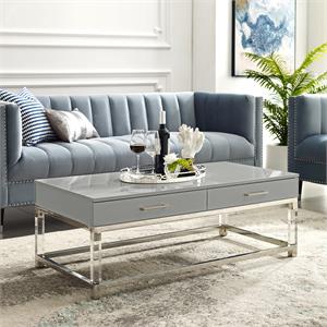 Posh Briar 2-Drawer Metal Coffee Table with Acrylic Legs in Light Gray/Chrome