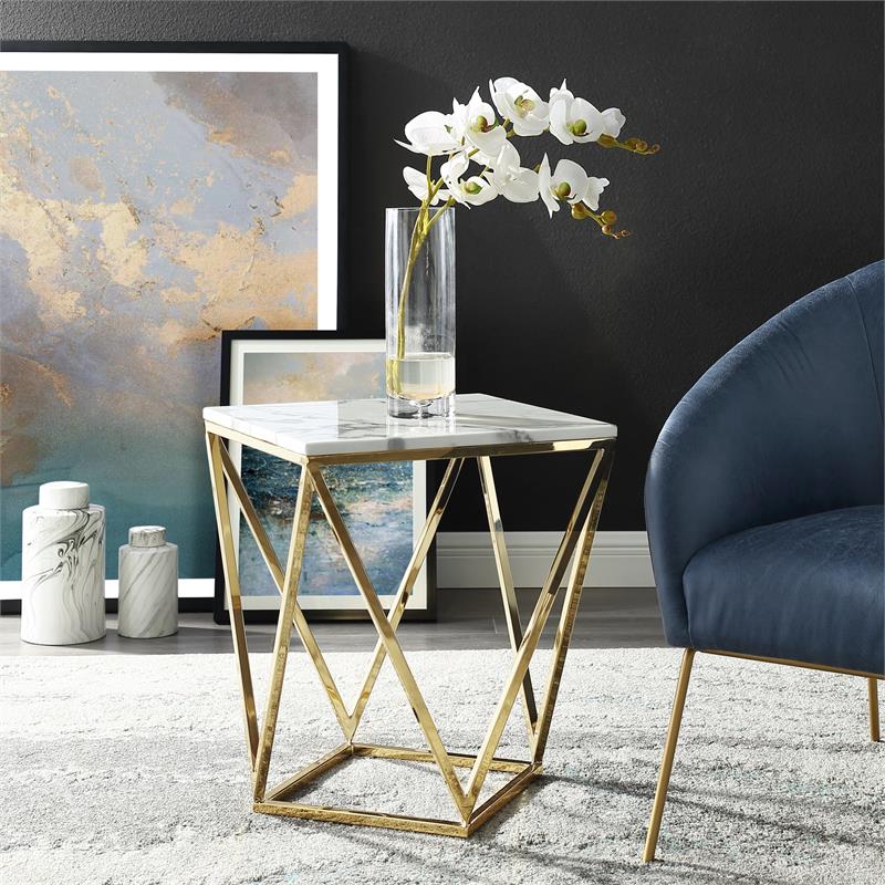Posh Living Eason Marble Top End Table with Metal Base in White/Gold