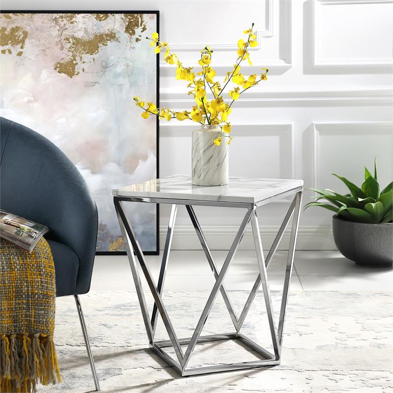 Posh Living Eason Marble Top End Table with Metal Base in White/Chrome