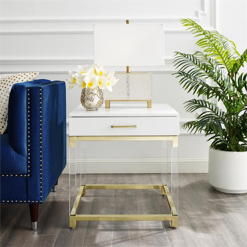 Posh Living Briar 1-Drawer Metal End Table with Acrylic Legs - White/Gold