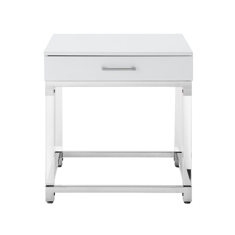 Posh Living Briar 1-Drawer Metal End Table with Acrylic Legs - White/Chrome