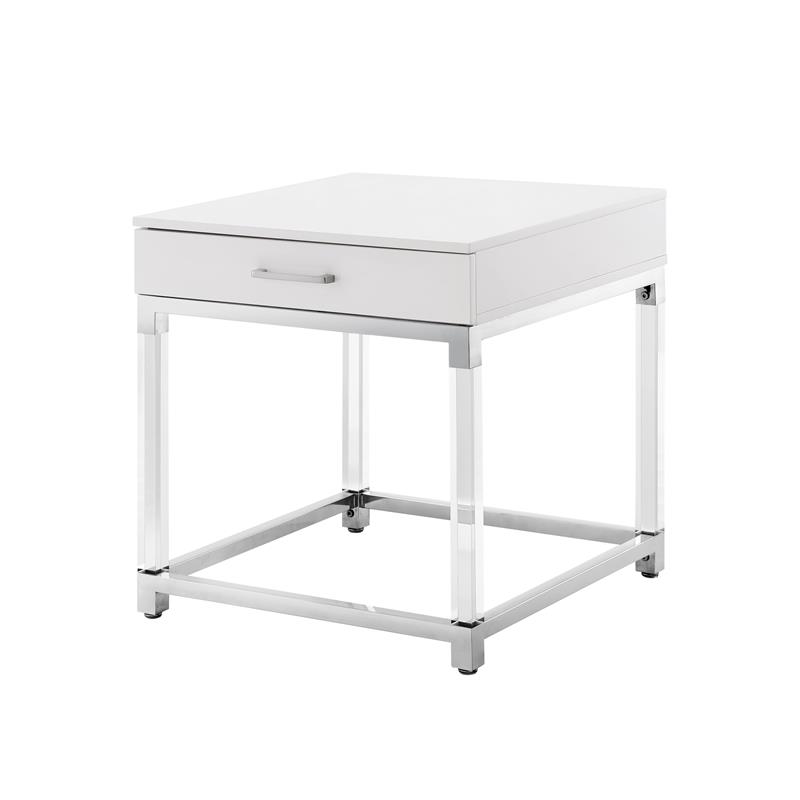 Posh Living Briar 1-Drawer Metal End Table with Acrylic Legs - White/Chrome