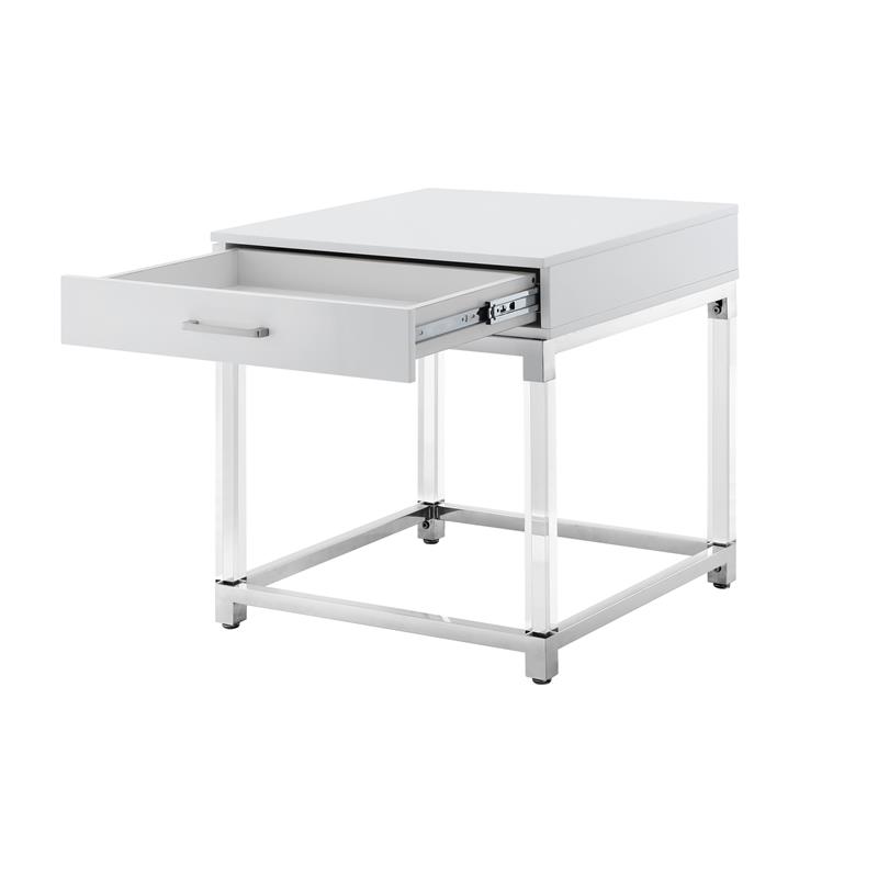 Posh Living Briar 1-Drawer Metal End Table with Acrylic Legs - White/Chrome