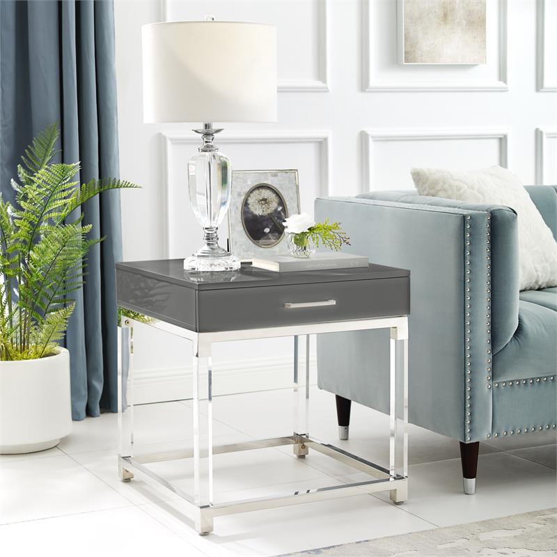 Posh Living Briar 1-Drawer Metal End Table with Acrylic Legs - Dark Gray/Chrome