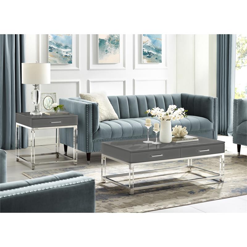 Posh Living Briar 1-Drawer Metal End Table with Acrylic Legs - Dark Gray/Chrome