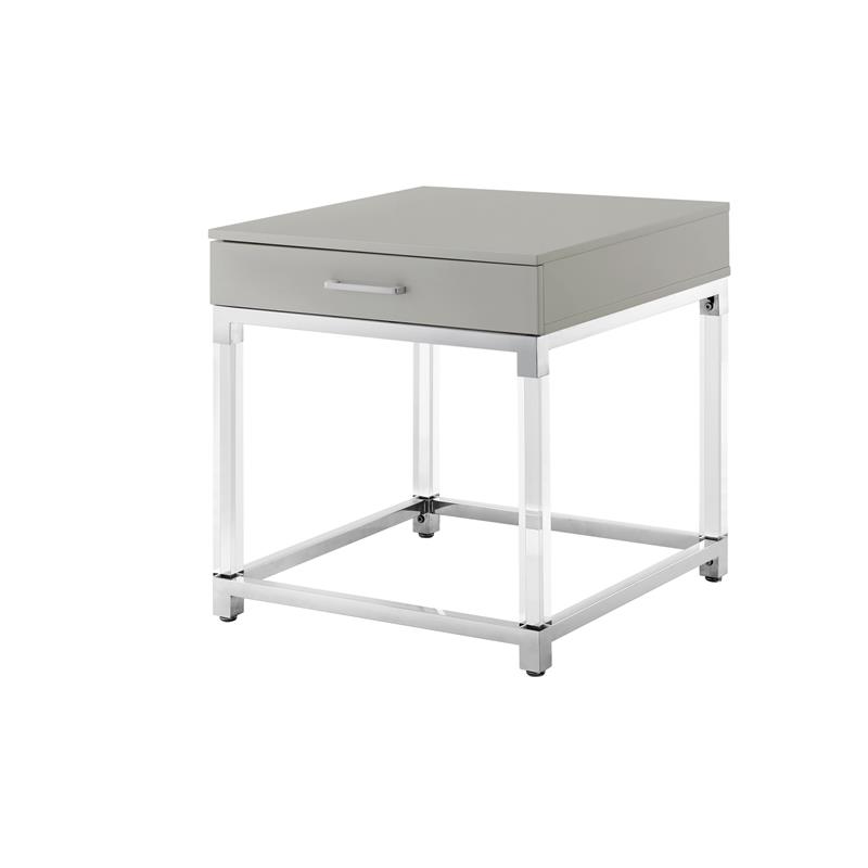 Posh Living Briar 1-Drawer Metal End Table with Acrylic Legs - Light Gray/Chrome