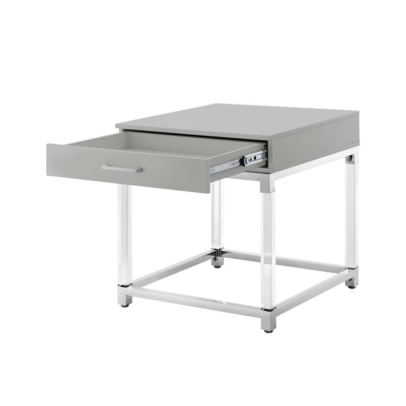 Posh Living Briar 1-Drawer Metal End Table with Acrylic Legs - Light Gray/Chrome