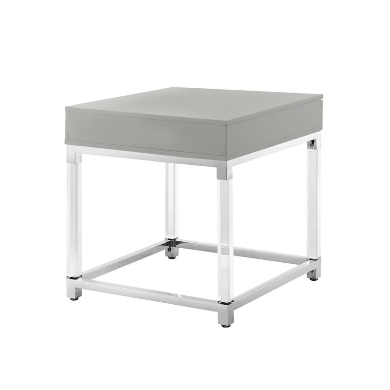 Posh Living Briar 1-Drawer Metal End Table with Acrylic Legs - Light Gray/Chrome