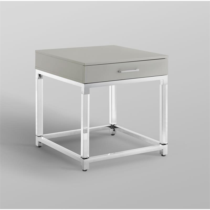 Posh Living Briar 1-Drawer Metal End Table with Acrylic Legs - Light Gray/Chrome