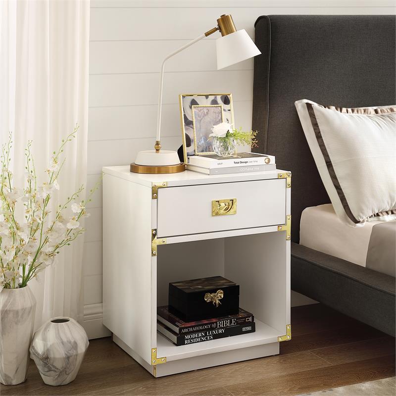 Posh Living Angela Nightstand with Metal Corner Brackets in White/Gold