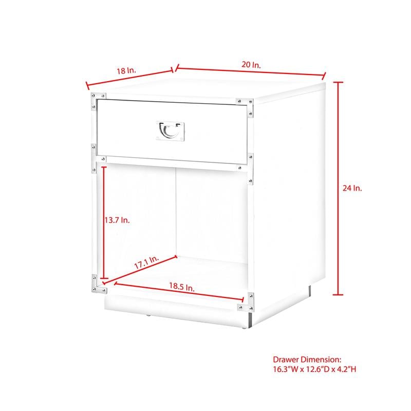 Posh Living Angela Nightstand with Metal Corner Brackets in White/Gold