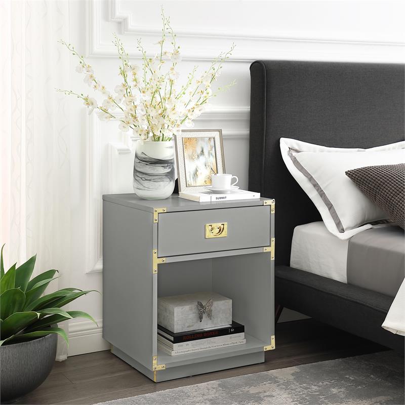 Posh Living Angela Nightstand with Metal Corner Brackets in Light Gray/Gold