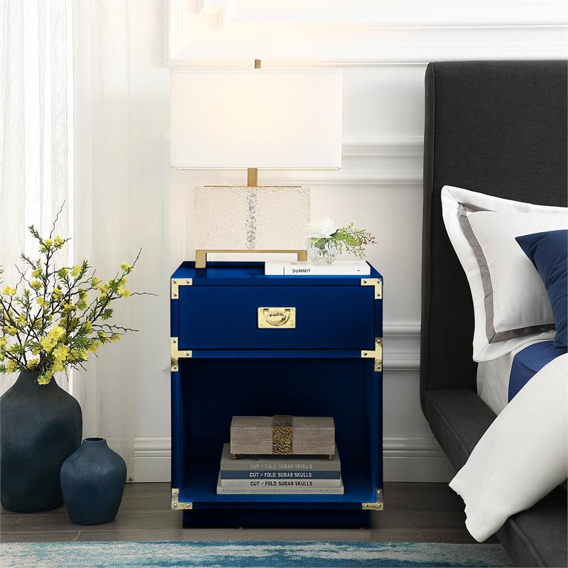 Posh Living Angela Nightstand with Metal Corner Brackets in Dark Navy/Gold