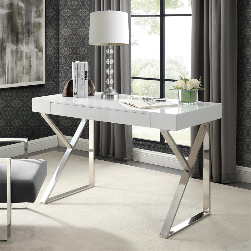 Posh Dianna 2-Drawer Writing Desk with Stainless Steel Legs in White/Chrome
