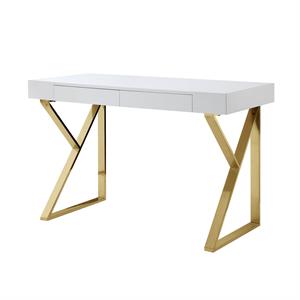 Posh Dianna 2-Drawer Writing Desk with Stainless Steel Legs in White/Gold