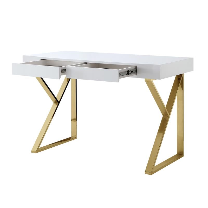 Posh Dianna 2-Drawer Writing Desk with Stainless Steel Legs in White/Gold