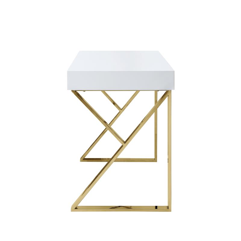 Posh Dianna 2-Drawer Writing Desk with Stainless Steel Legs in White/Gold