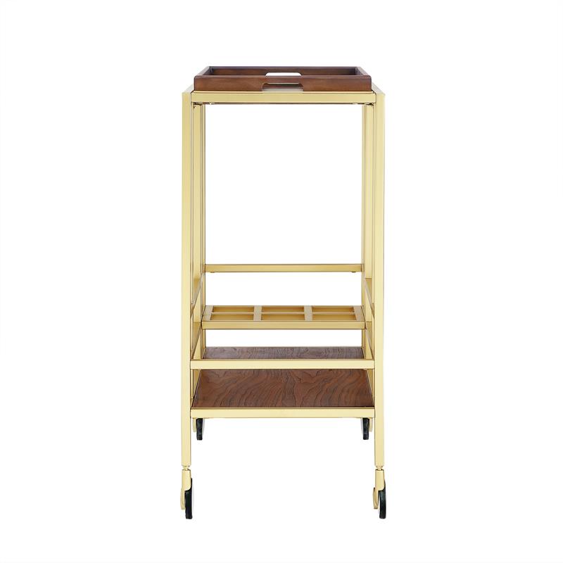 Posh Living Biony Modern Metal Bar Cart with Wheels in Bar Cart Gold/Walnut