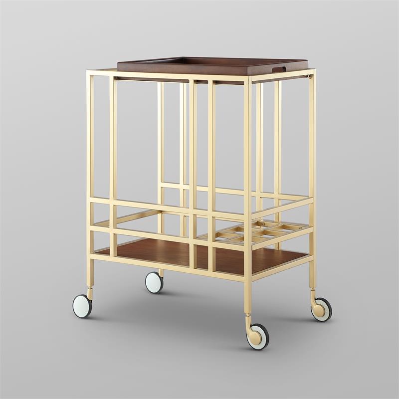 Posh Living Biony Modern Metal Bar Cart with Wheels in Bar Cart Gold/Walnut