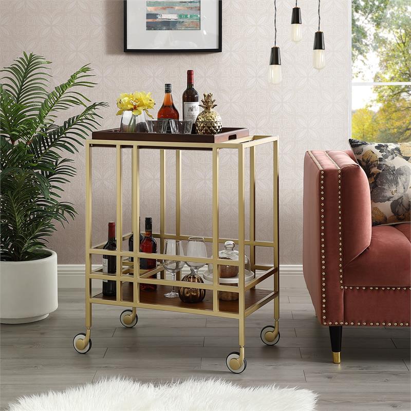 Posh Living Biony Modern Metal Bar Cart with Wheels in Bar Cart Gold/Walnut