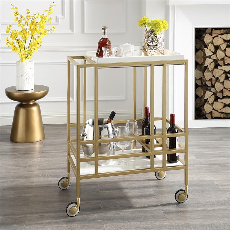 Posh Living Biony Modern Metal Bar Cart with Wheels in Bar Cart Gold/White