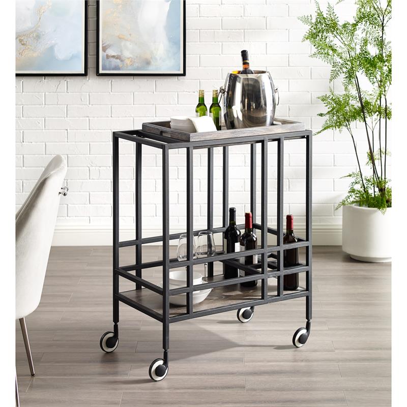 Posh Living Biony Modern Metal Bar Cart with Wheels in Black/Gray