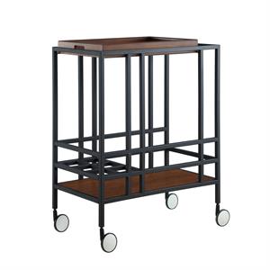 Posh Living Biony Modern Metal Bar Cart with Wheels in Bar Cart Black/Walnut