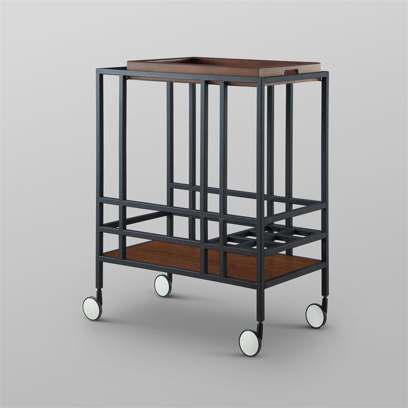 Posh Living Biony Modern Metal Bar Cart with Wheels in Bar Cart Black/Walnut