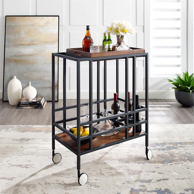 Furniture of America Cranor Contemporary Wood Multi-Storage Bar Cart in ...