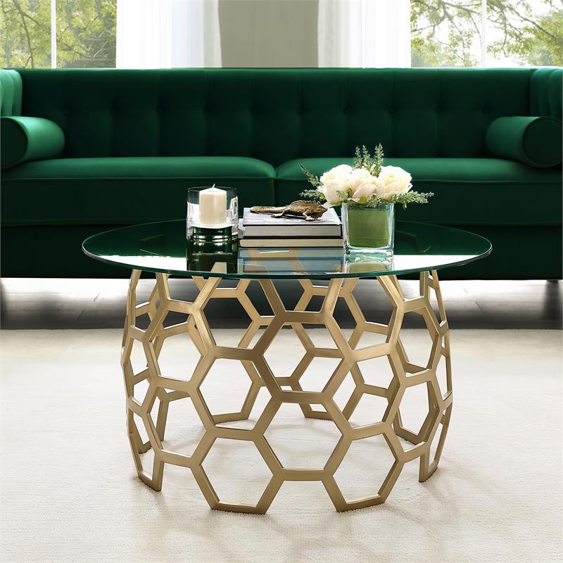 Posh Living Magdalen Round Glass Top Coffee Table in Gold