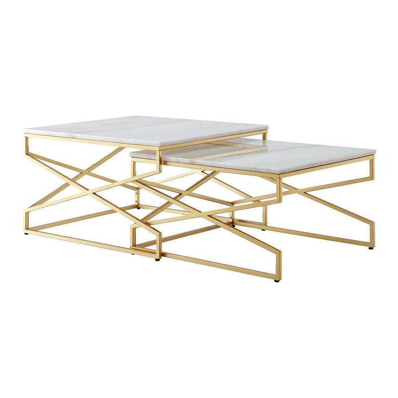Posh Living Navarro Square Marble Top Nesting Coffee Table in Gold