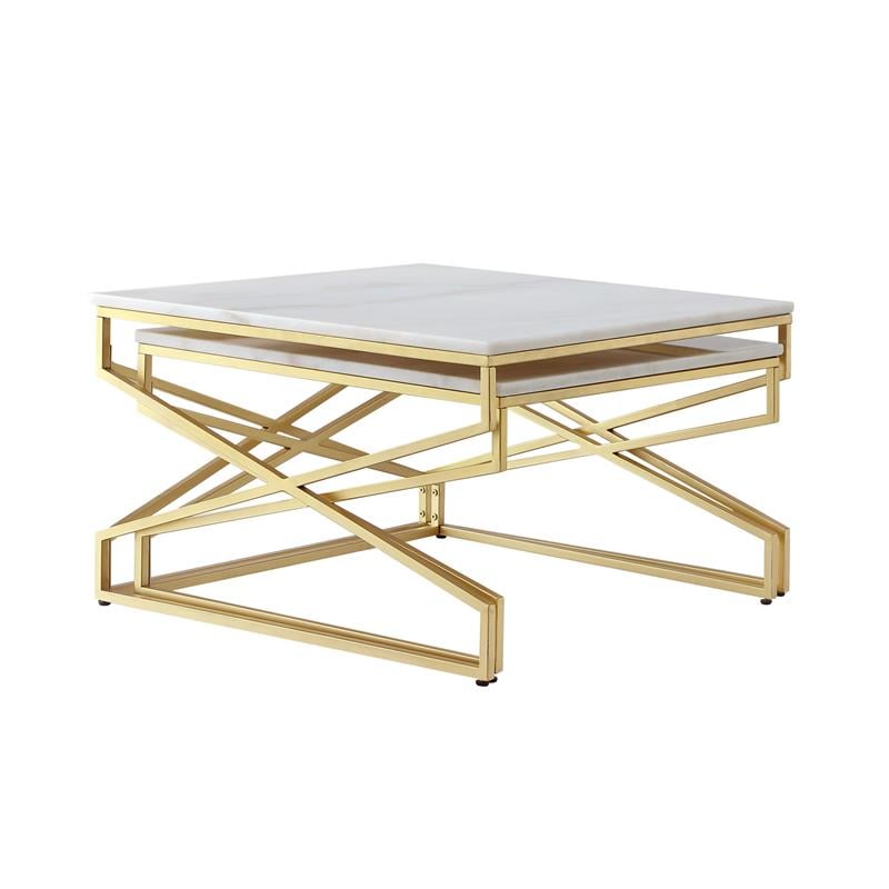 Posh Living Navarro Square Marble Top Nesting Coffee Table in Gold