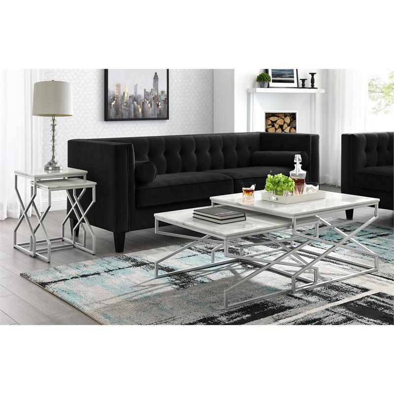 Posh Living Navarro Square Marble Top Nesting Coffee Table in Silver
