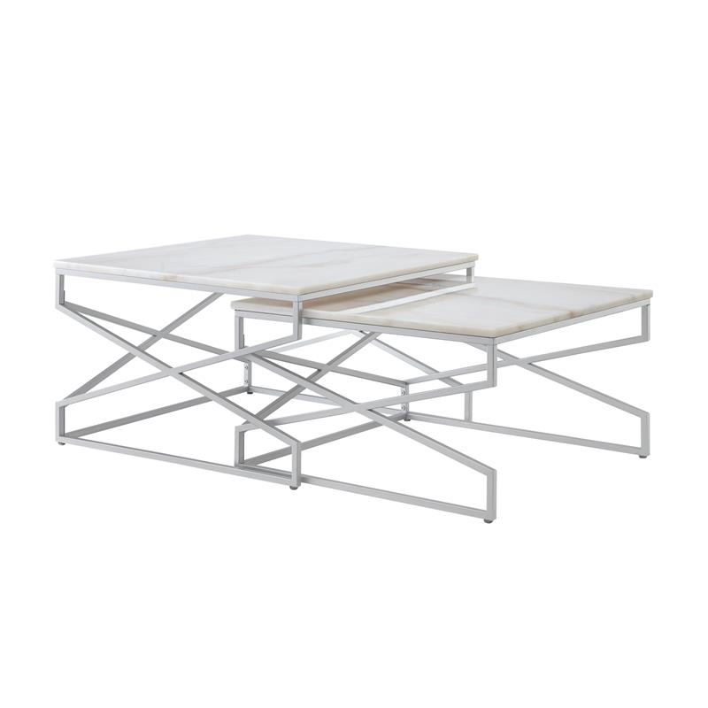 Posh Living Navarro Square Marble Top Nesting Coffee Table in Silver