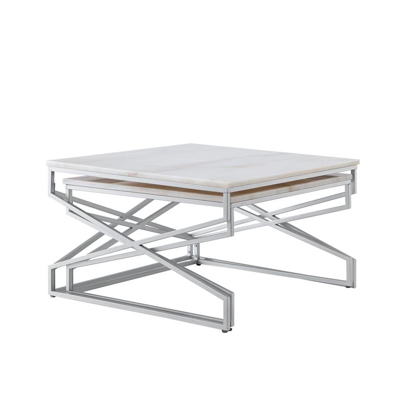 Posh Living Navarro Square Marble Top Nesting Coffee Table in Silver
