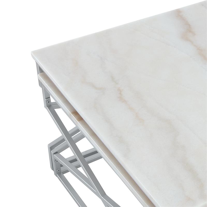 Posh Living Navarro Square Marble Top Nesting Coffee Table in Silver