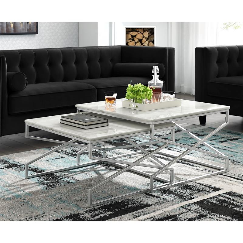 Posh Living Navarro Square Marble Top Nesting Coffee Table in Silver